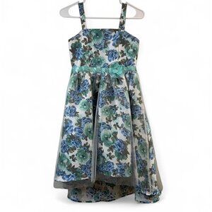 Girls Floral Sleeveless High-Low Dress With Tulle Overlay & Flower Accent 14